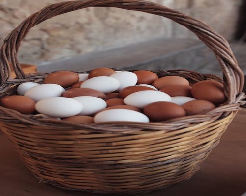White and brown farm fresh eggs stored neatly in a rustic basket