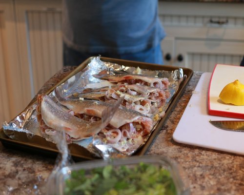 Fresh raw fish fillet seasoned with lime slices and herbs on a counter